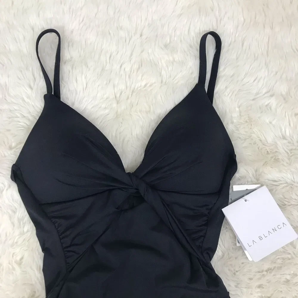 LA BLANCA Classic Black Ruched One Piece Swimsuit Cutout Twist Front Size‎ 2 New